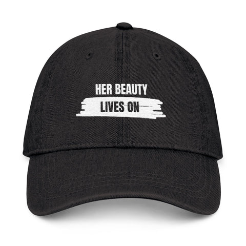 Her Beauty Lives On Denim Hat | Adjustable Memorial Cap | Embroidered Tribute Hat for Women | Casual Everyday Denim Cap | Fashion Accessory Remembrance Hat | Gift for Her Memorial Cap | Stylish Tribute Adjustable Hat | Lightweight Embroidered Denim Cap | Sentimental Everyday Wear Cap | Durable Memorial Gift Hat