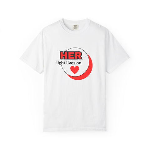 Her Light Lives On Tee | Custom Memorial Shirt | Georgia Peache Her Light Lives On T-Shirt | Unisex Memorial Comfort Tee | Grief Support Remembrance Shirt | Thoughtful Bereavement Gift Tee | Everyday Casual Memorial Shirt | Tribute T-Shirt for Loved Ones | Soft Garment-Dyed Comfort Tee | Sympathy Gift Unisex Shirt | Positive Message Remembrance Tee | Durable Memorial Cotton T-Shirt